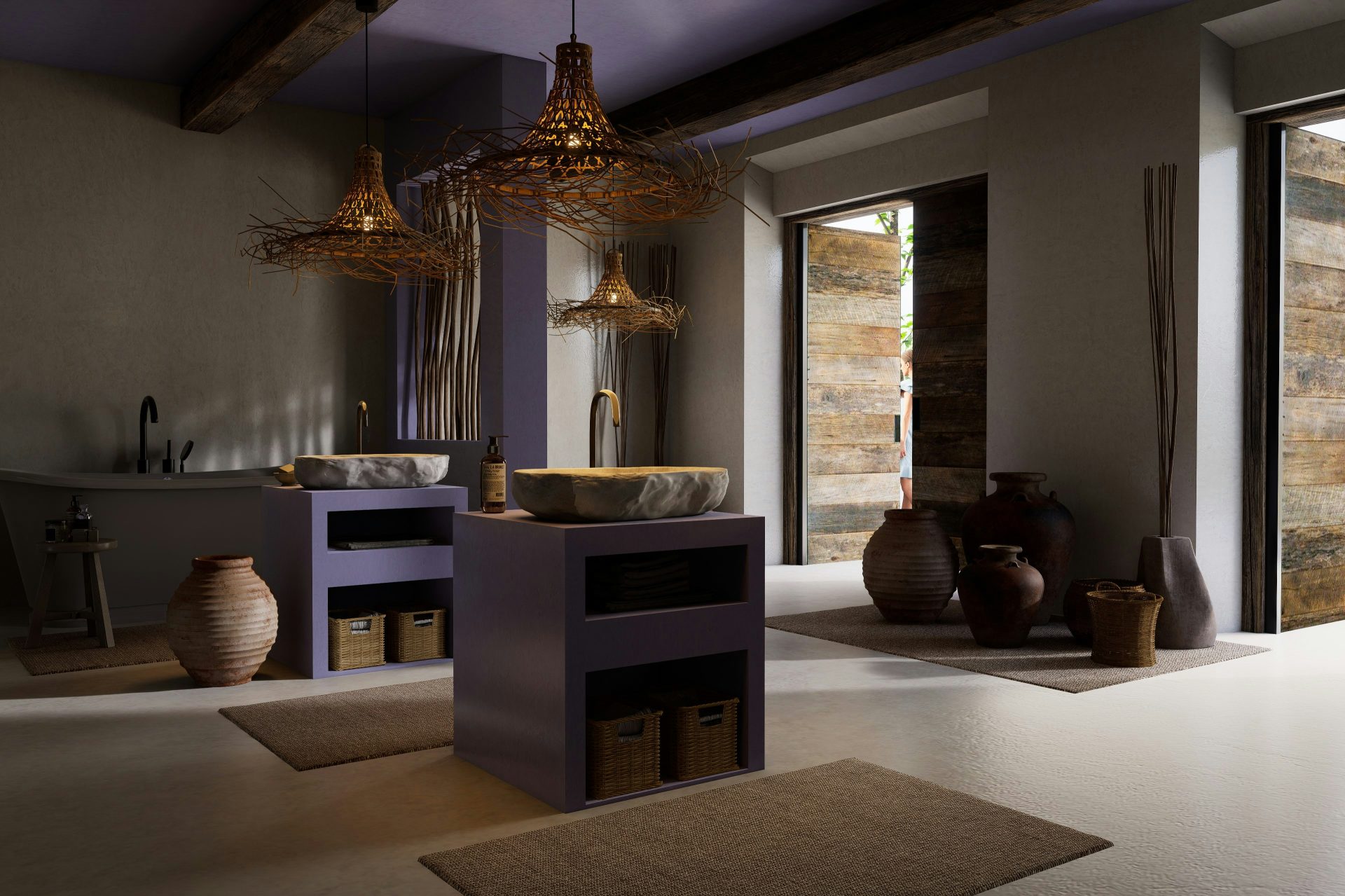 Luxurious bathroom with stone sinks and rustic decor.